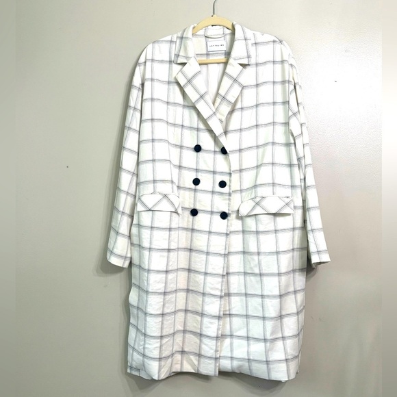 LATTELIER White and Gray Plaid Double Breasted trench coat blazer Lightweight - Picture 1 of 11